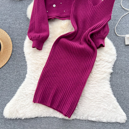 SINGREINY Beading Casual Two Piece Set Women Long Sleeve O Neck Pullover Midi Dress Fashion 2023 Winter Sweater Suit Dresses Badiee Stylez