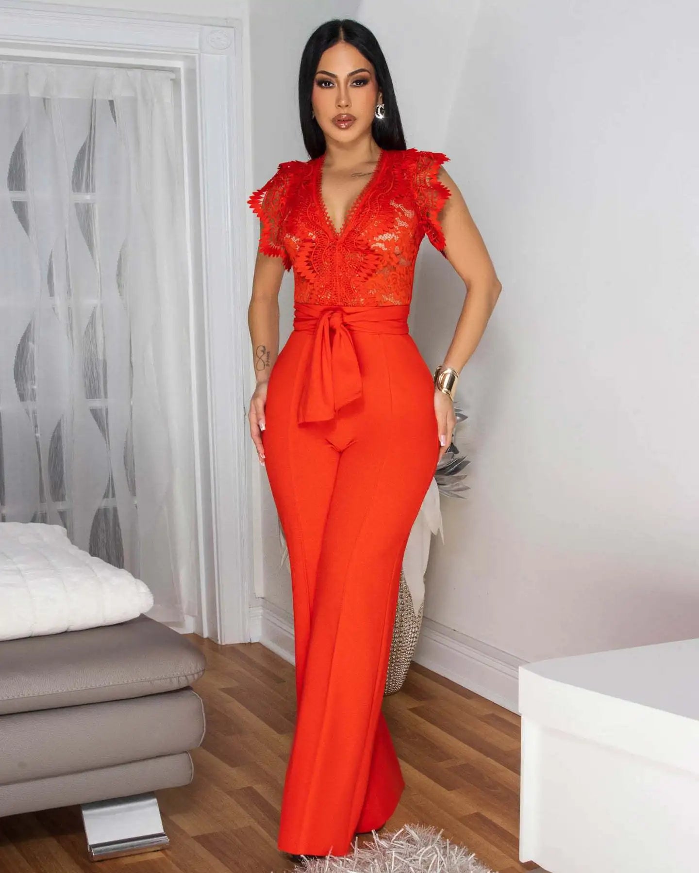 Women Lace See Though Patchwork Short Sleeve V-neck Jumpsuits Summer Vacation One Piece Set Streetwear Fitness Jumpsuit Badiee Stylez