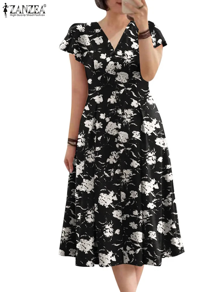 ZANZEA Woman Summer Dresses Ruffle Sleeve V-Neck Cinch Waist, Womens Elegant Floral Printing Party Commute A-Line Midi Sundress