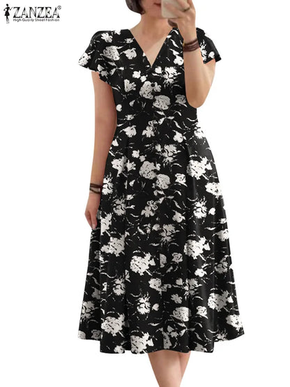 ZANZEA Woman Summer Dresses Ruffle Sleeve V-Neck Cinch Waist, Womens Elegant Floral Printing Party Commute A-Line Midi Sundress