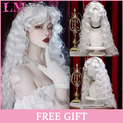LM Long Silky Straight Synthetic Wigs with Bangs Black Cosplay Party Lolita Hair Wigs for Women Natural Heat Resistant Wig P18 613
