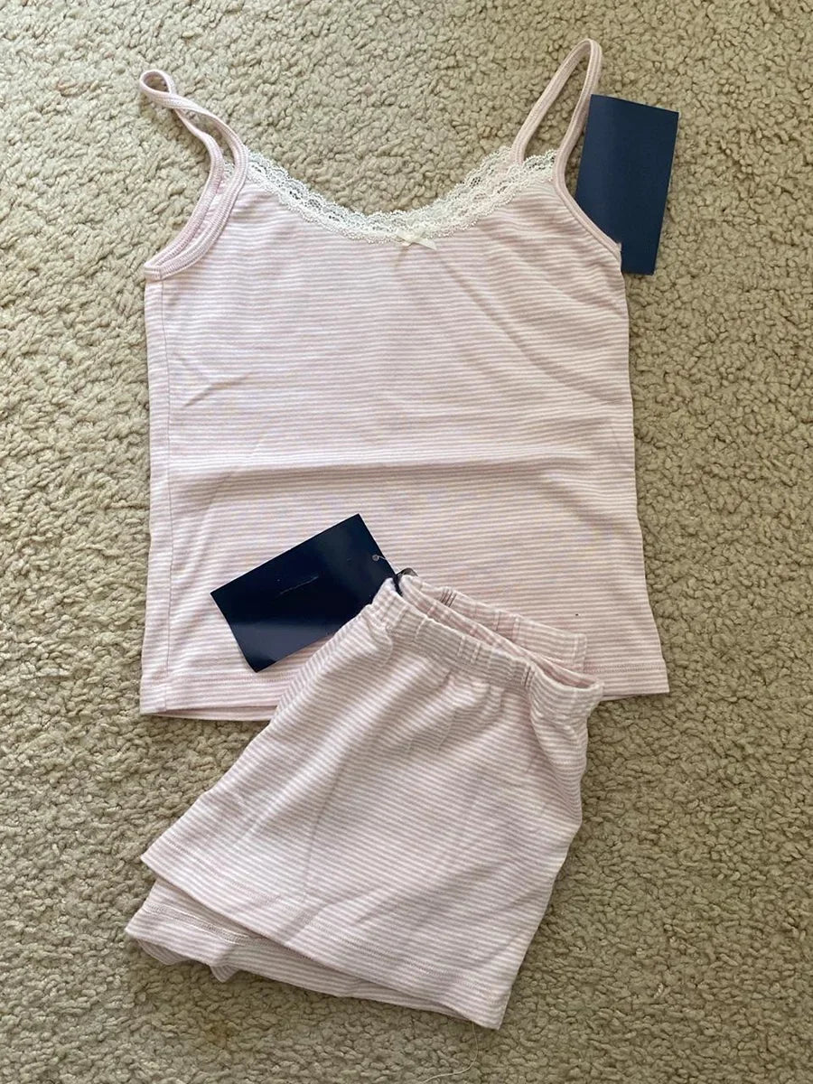 Blue Striped Tank Shorts Pajama Set Women Summer Sleeveless Crop Top+Elastic Waist Straight Short Pant Cotton Home 2 Piece Sets Pink striped set One Size
