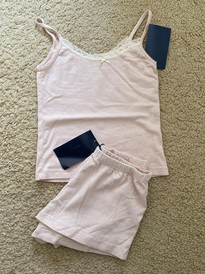 Blue Striped Tank Shorts Pajama Set Women Summer Sleeveless Crop Top+Elastic Waist Straight Short Pant Cotton Home 2 Piece Sets Pink striped set One Size
