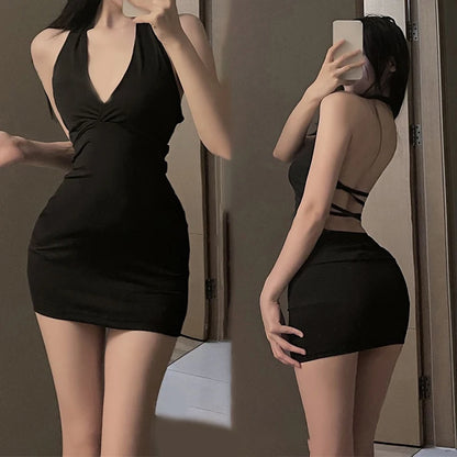 Sexy Women Halter Backless Slim V-neck Wrap Black Party Night Mini Dress Nightclub Outfit Secretary Outfit OL Outfit Dress