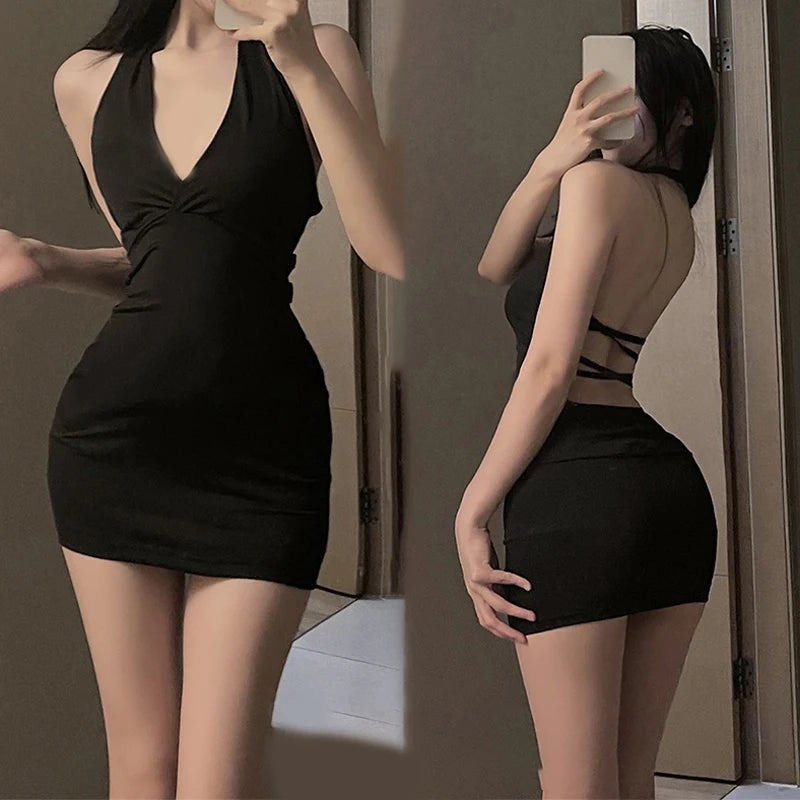 Sexy Women Halter Backless Slim V-neck Wrap Black Party Night Mini Dress Nightclub Outfit Secretary Outfit OL Outfit Dress
