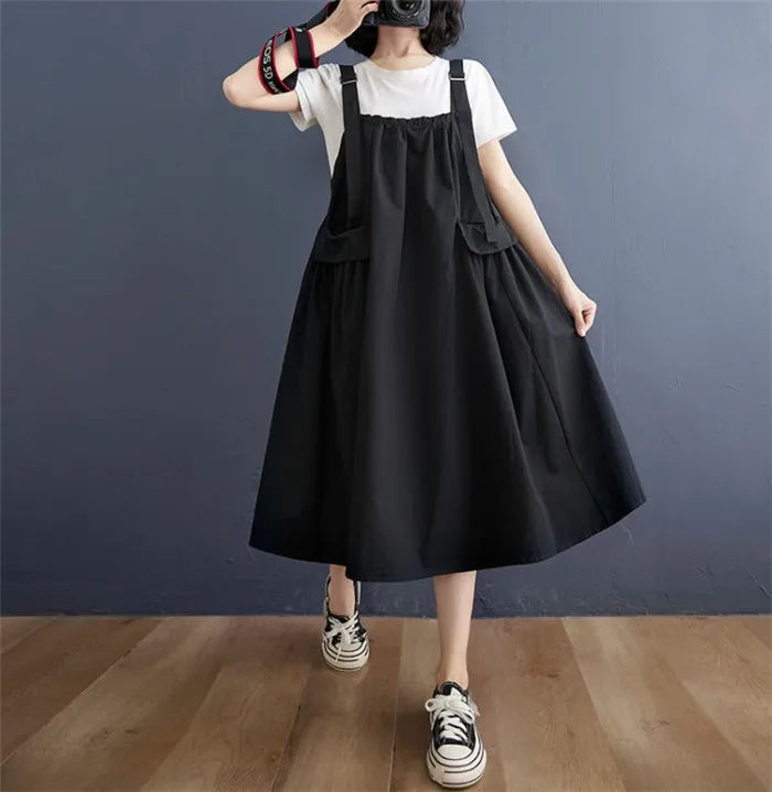 Female Dress Summer Mid-Length Loose Solid Color Pocket Swing Chic Casual Straps Dresses New Women Dress Vestidos Selling