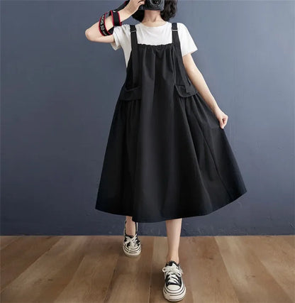 Female Dress Summer Mid-Length Loose Solid Color Pocket Swing Chic Casual Straps Dresses New Women Dress Vestidos Selling