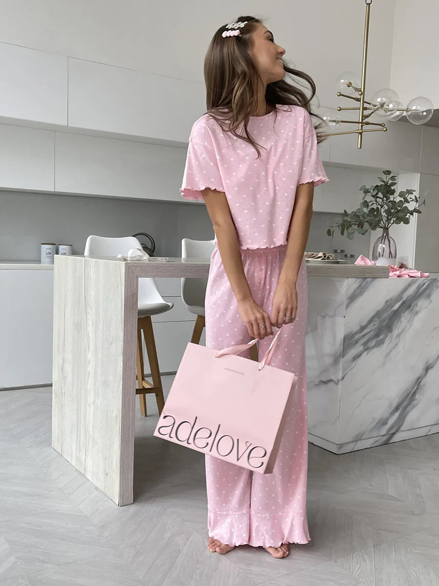 Muzuleva New Fashion Love-Printed Short-Sleeved Pants Pajama Set Women's Summer Pink Sleepwear Loose Casual 2-Piece Set