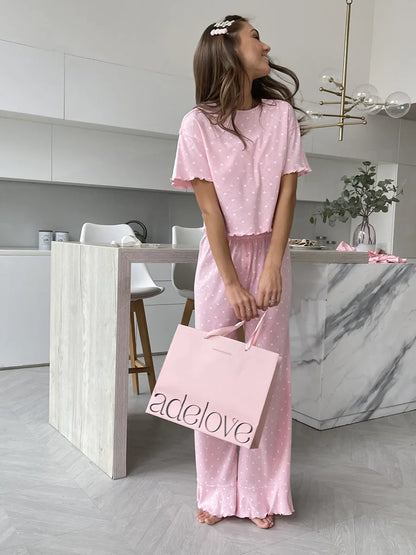 Muzuleva New Fashion Love-Printed Short-Sleeved Pants Pajama Set Women's Summer Pink Sleepwear Loose Casual 2-Piece Set
