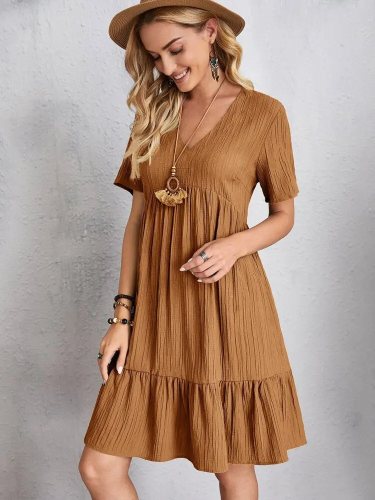 Women Elegant Short Sleeve V Neck Ruffles Dress Summer Casual Solid Loose Mini Dress Chic Bohemian Sundress Beach Party Vestidos Badiee Stylez