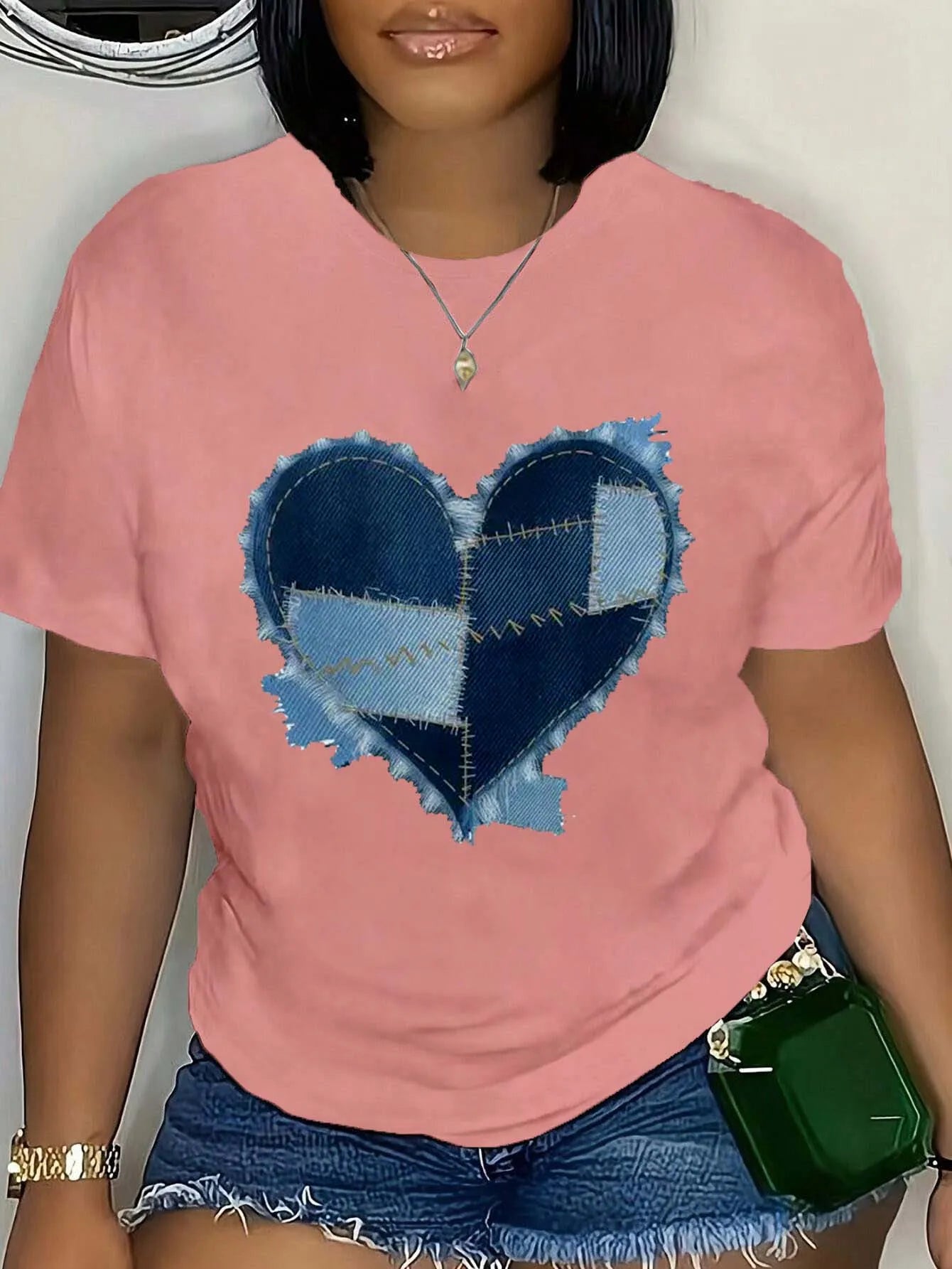 Plus Size Denim Heart Patchwork Tee Fashionable Plus Size Top With Unique Stitched Heart Design For Trendy Chic Looks Pink