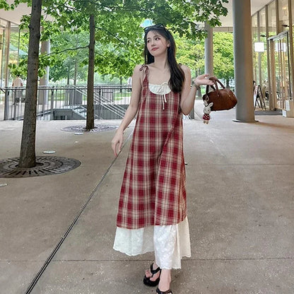 Women Plaid Fake Two Piece Suspender Dress Women Summer Retro Loose Long Lace Patchwork Plaid Sleeveless Dress for Women 2025