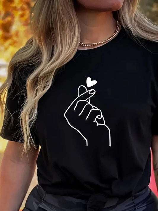 Cute Print Solid Crew Neck T-Shirt, Short Sleeve Casual Every Day Top For All Season, Women's Clothing XY242-Black