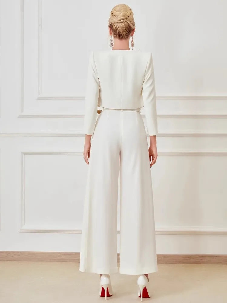 Elegant Office Ladies Designer Handmade Diamonds Slim Fit Short Jacket Hgih Waist Wide Leg Pants Women Two Piece Set Size S-5XL Badiee Stylez