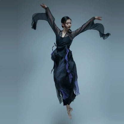 Classical Dance Costume For Women, Flowing Gauze Dress, Chinese Style Practice Outfit, Female Body Rhythm Gauze Dress, Martial Badiee Stylez