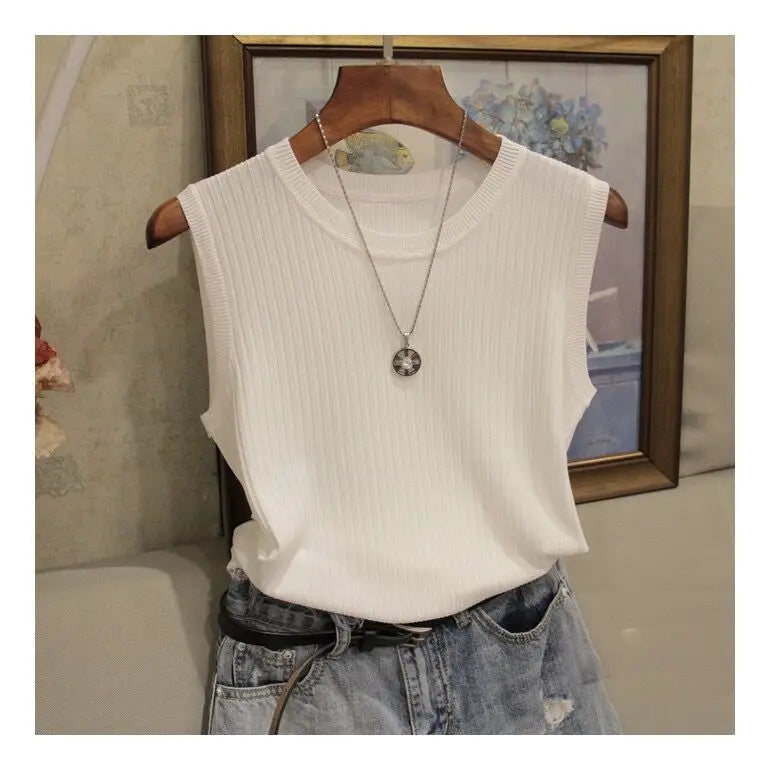 Summer Women Knitted Loose Sweater Vests Sexy O-Neck Sleeveless Knitwear Tank Tops YRFZ-N6634