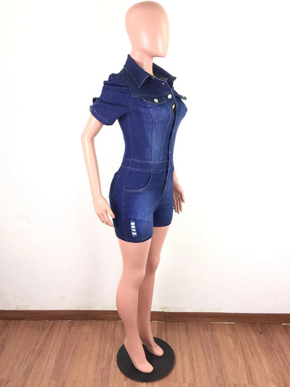 Bleached Denim Rompers Women Jean Overalls Washed Vintage One Piece Single Breasted Shorts Jeans Skinny Solid Distressed