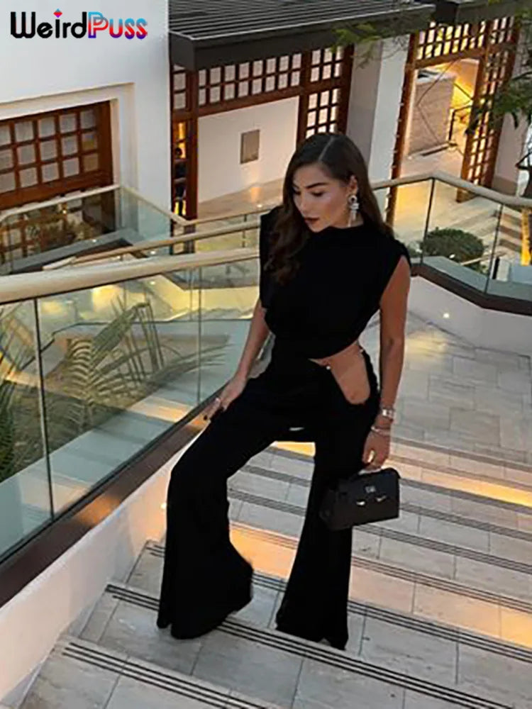 Weird Puss Elegant Irregular 2Piece Set Summer Women Chic Classic Tank Tops+Skirts Pants Matching Trend Ruched Suits Streetwear Badiee Stylez