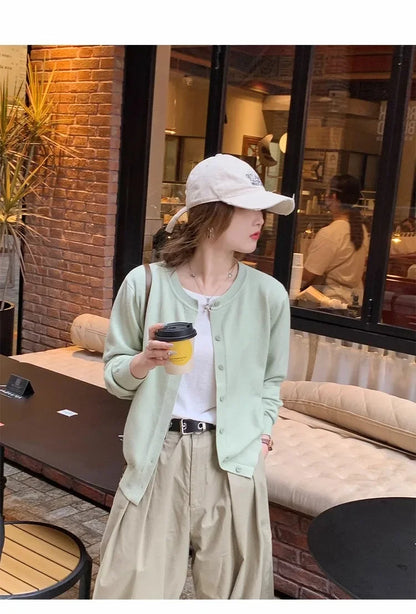 New 2025 Spring Summer Knit Cardigan O-Neck Solid Color Fashion High-Grade Comfortable Slim Casual Knitwear Tops