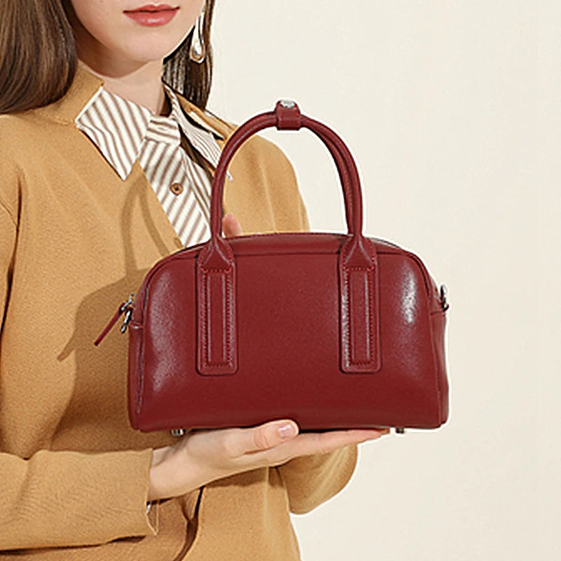 Hifashion Vintage Boston Cow Genuine Leather Handbags For Women 2025 Trend Designer Bowling Work Ladies Shoulder Crossbody Bags