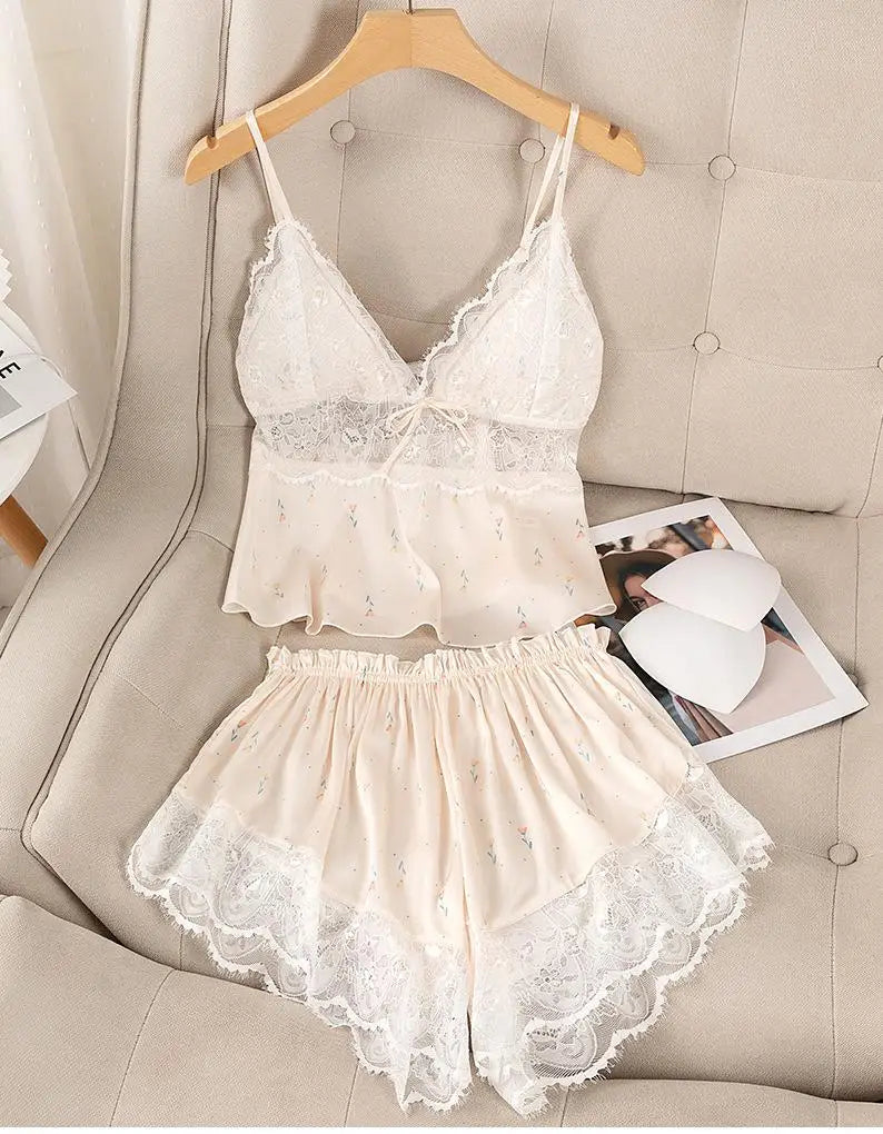 Summer Print Pyjamas Suit Women Sleepwear Lace Hollow Out Pajamas Set Sexy Strap Top&Shorts PJS Lingerie Satin Homewear