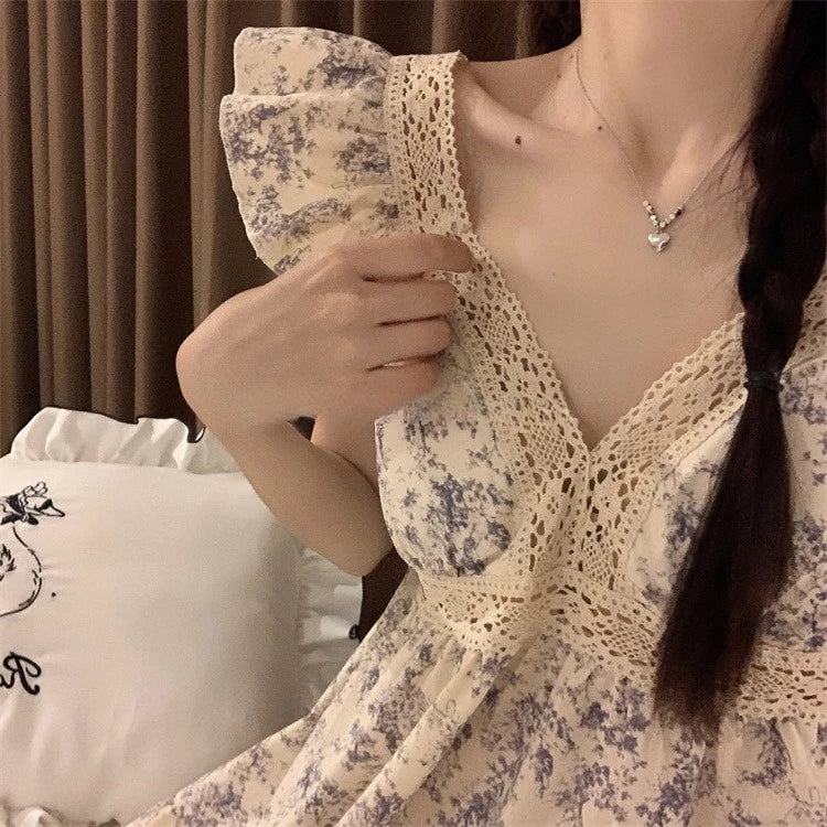 Sweet Princ Sle Women's Lace Nightgown Set with Chest Pad V-Ne ort Pants Summer Breathable Cotton Spwear