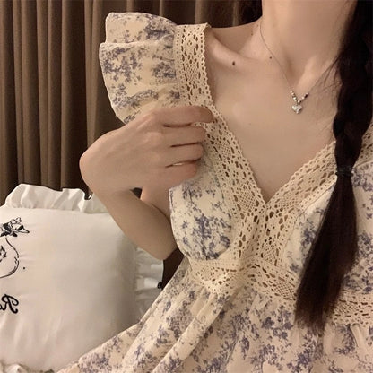 Sweet Princ Sle Women's Lace Nightgown Set with Chest Pad V-Ne ort Pants Summer Breathable Cotton Spwear