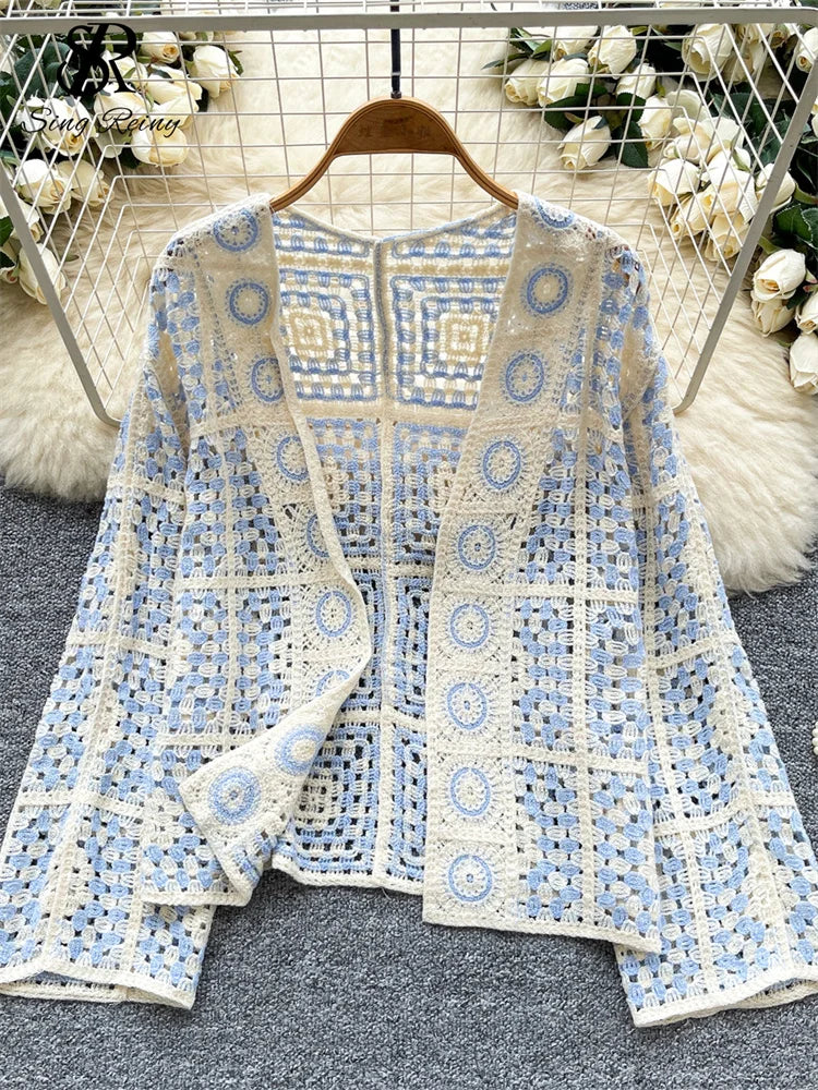 SINGREINY Vintage Boho Loose Plaid Cardigans Female Long Sleeves Hook Flower Hollow Tops 2025 Vacation Sunscreen Casual Shirt Badiee Stylez