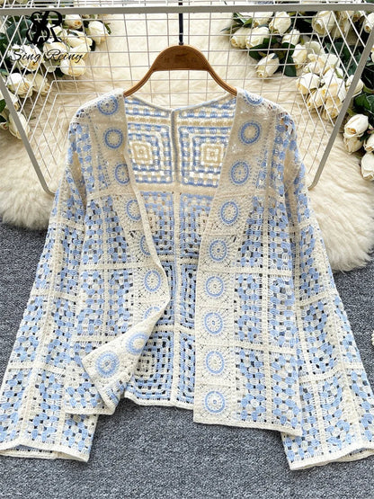 SINGREINY Vintage Boho Loose Plaid Cardigans Female Long Sleeves Hook Flower Hollow Tops 2025 Vacation Sunscreen Casual Shirt Badiee Stylez
