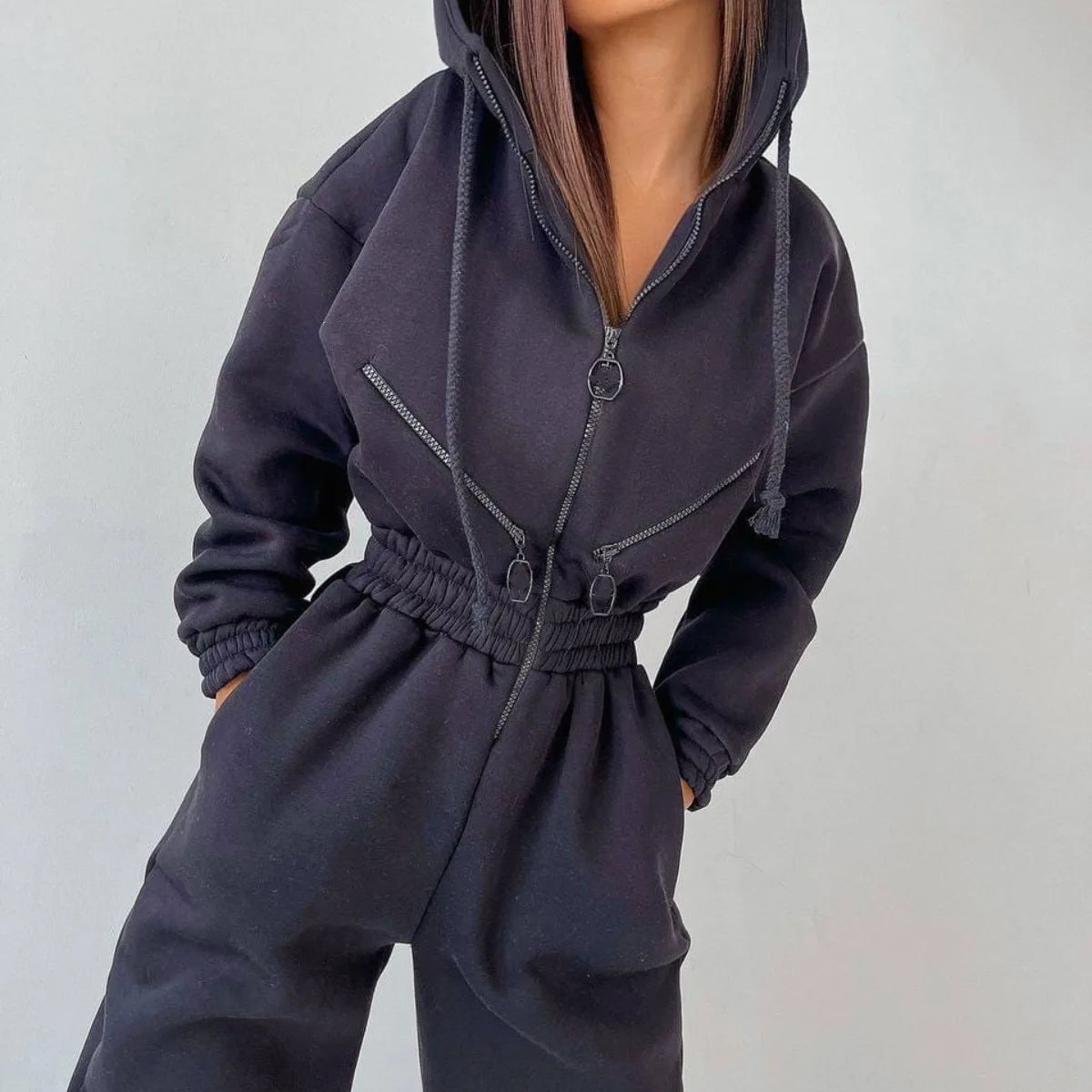 Autumn Women's Monochrome Long-Sleeved Jumpsuit Solid Color Zip-up Sportswear Female Winter Casual Tracksuit Fashionable Hoodies Badiee Stylez