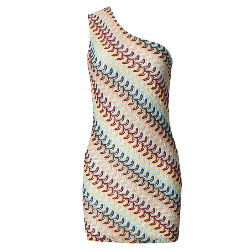 Rainbow Knitted Single Shoulder Mini Dress Women Sexy Sleeveless Waist Hugging Tight Short Dresses 2025 New Summer Party Vestido Badiee Stylez