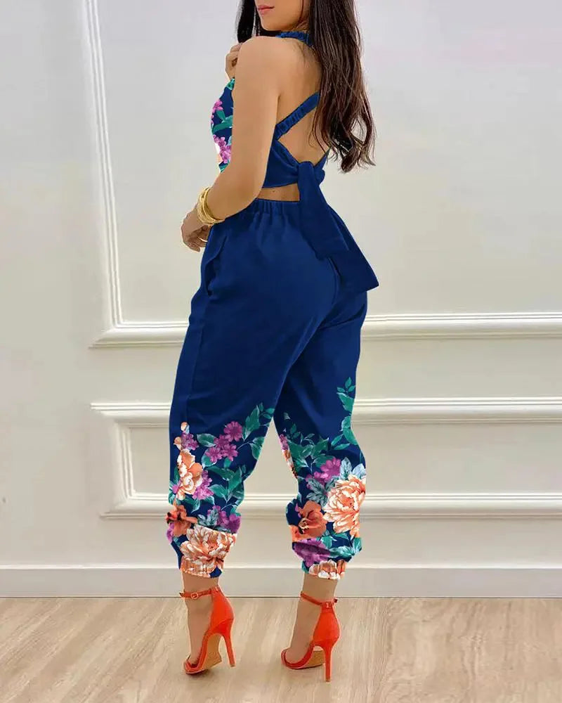 New Summer Fashion Printed Sleeveless Jumpsuit Sexy Hollow Backless Lace Up Long Jumpsuits Elegant Casual Jumpsuit With Pocket Badiee Stylez