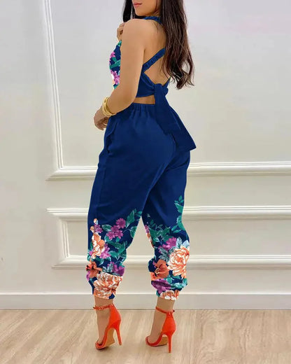 New Summer Fashion Printed Sleeveless Jumpsuit Sexy Hollow Backless Lace Up Long Jumpsuits Elegant Casual Jumpsuit With Pocket Badiee Stylez