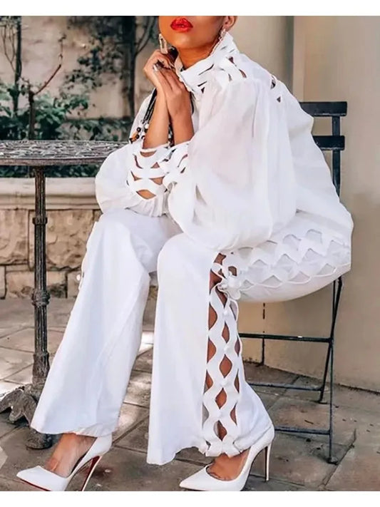 2 Piece Set Women Plus Size Hollow Out Sexy Young Daily Soft Full Sleeve Fashion Pants Wide Leg Wholesale Dropshipping WHITE