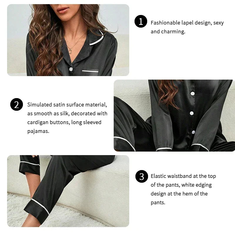 Spring Autumn Silk Pajamas Set for Women Casual Soft Nightwear Long Shirt Tops and Long Pants Cardigan Sleepwear Homewear
