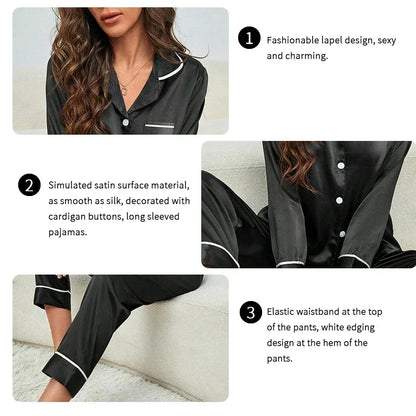 Spring Autumn Silk Pajamas Set for Women Casual Soft Nightwear Long Shirt Tops and Long Pants Cardigan Sleepwear Homewear