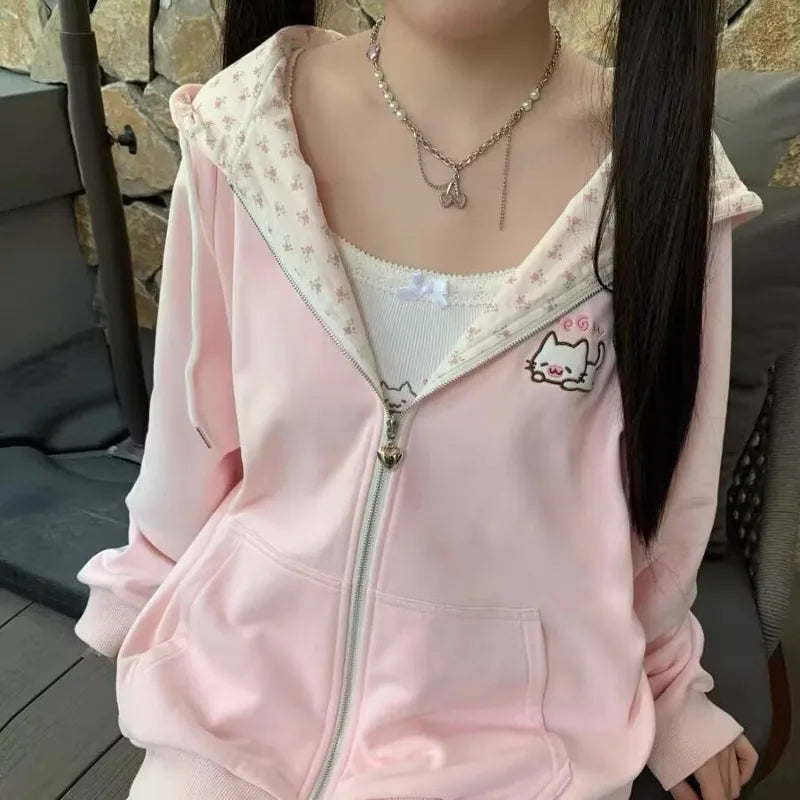 Harajuku Korean Kawaii Hooded Coat Women Thin Long Sleeve Zipper Cardigan Y2K Streetwear New Mid-length Loose Jackets