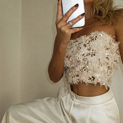 Fashion Sequins Patchwork Fur Crop Tops Sexy Strapless Chest Wrapping Vest Winter New Women's Off Shoulder Slim Club Party Tops
