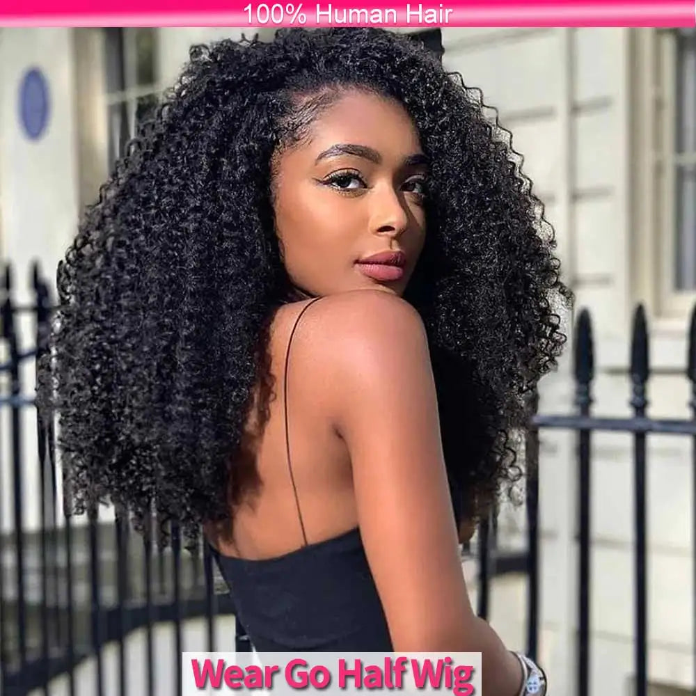 Half Wigs Human Hair Kinky Curly 3 In 1 Human Hair Wig Seamless Flip Over Half Wig Beginner Friendly Curly Wigs for Women Badiee Stylez