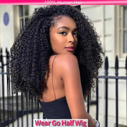 Half Wigs Human Hair Kinky Curly 3 In 1 Human Hair Wig Seamless Flip Over Half Wig Beginner Friendly Curly Wigs for Women Badiee Stylez