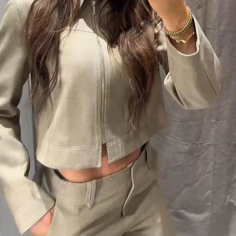 Fashion Short Jackets Pants Sets Women Lapel Zipper Long Sleeve Coats Pleated Straight Pant 2025 Spring Summer Lady Office Suits