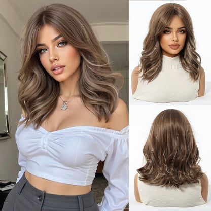Honey Brown Synthetic Wig Short Wavy Wigs with Medium Part Bangs Cosplay Daily Lolita Curly Hair Wigs for Women Heat Resistant Badiee Stylez