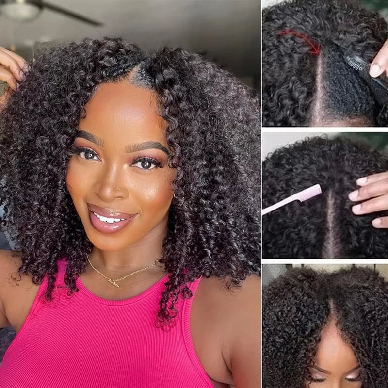 Glueless Kinky Curly V Part Wig Human Hair No Lace Wig Deep Wave Frontal Wig Water Wave Human Hair Wig Brazilian Hair For Women Badiee Stylez