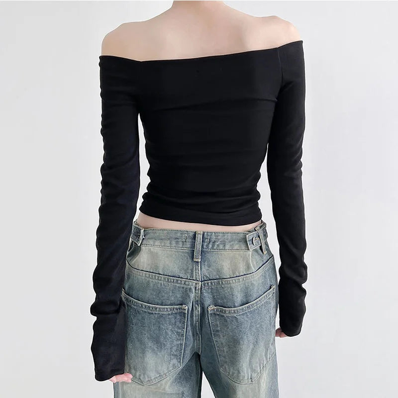 Black Solid Slash Neck Elegant Long Sleeve Tops Korean Fashion Slim Sexy Cropped T Shirt Women Fall Clothing