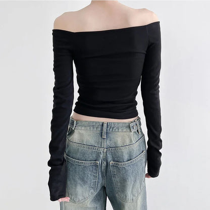 Black Solid Slash Neck Elegant Long Sleeve Tops Korean Fashion Slim Sexy Cropped T Shirt Women Fall Clothing
