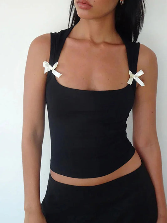 Y2K Women'S Bow Tie-Up Tank Tops Wide Shoulder Straps Bandage Camisole Sexy Low Cut Crop Tops Female Vest Tops black