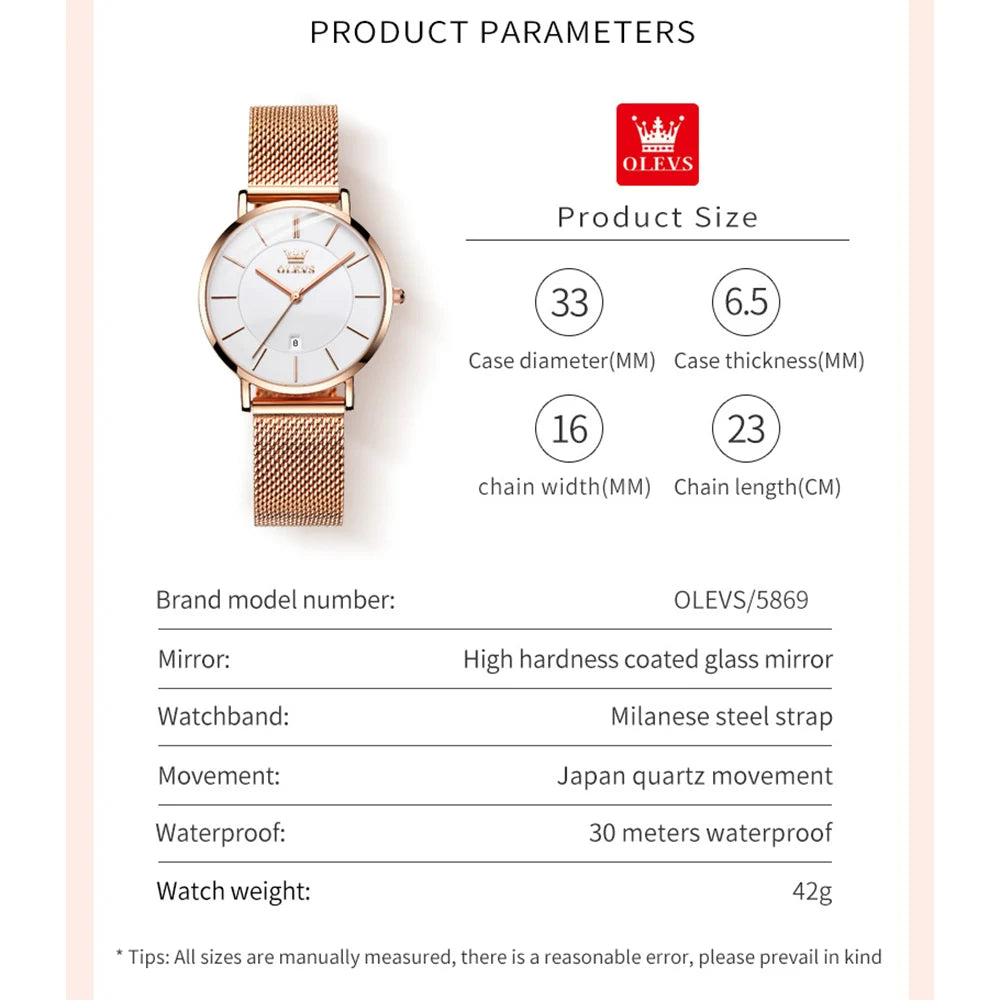 OLEVS Watch For Women Japan Quartz Movement 6.5mm Case Thickness Waterproof Ladies Hand Clock Calendar Fashion Dress Wrist Watch
