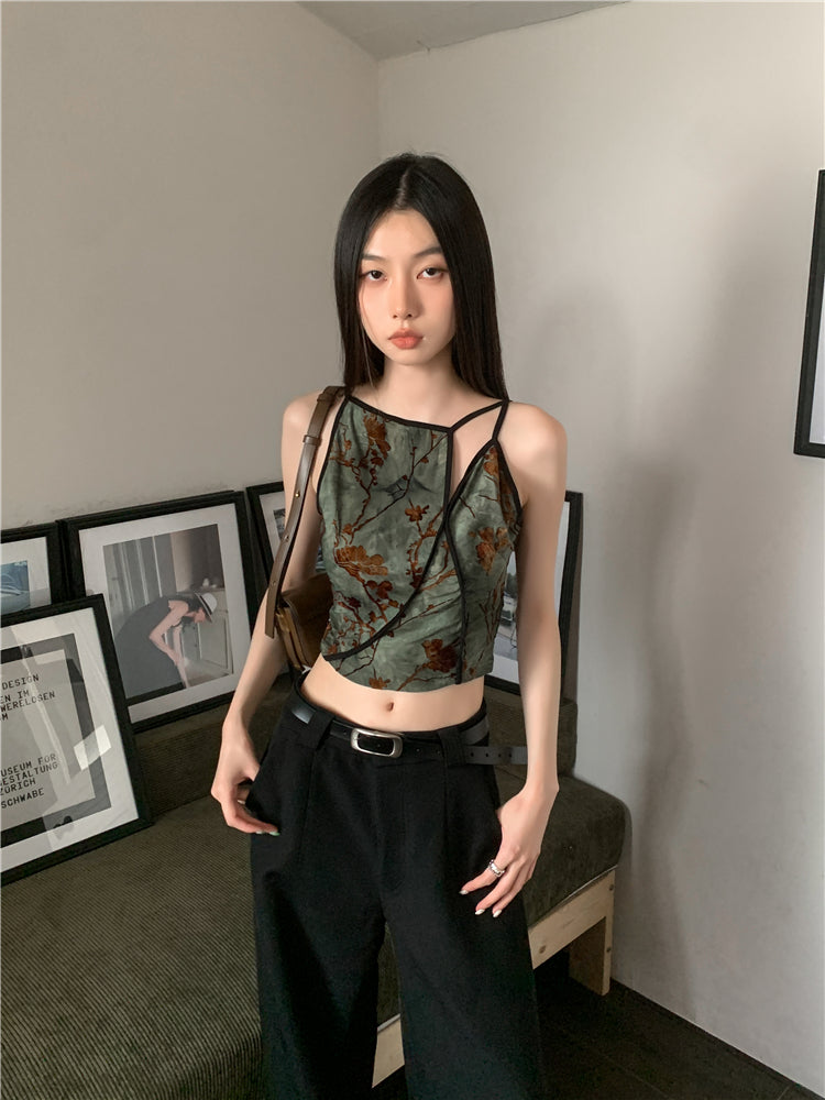 CHEERART Flocking Floral Vintage Crop Cami Top For Women 2024 Sleeveless Flower Green Tops Designer Clothes Luxury