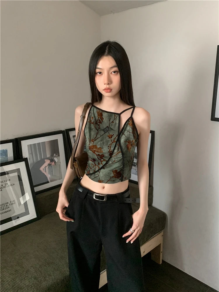 CHEERART Flocking Floral Vintage Crop Cami Top For Women 2024 Sleeveless Flower Green Tops Designer Clothes Luxury