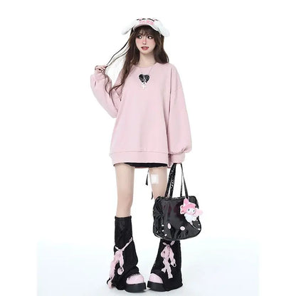 Sweet Sweatshirt Women Clothing Bow Bangage O-neck Long Sleeve Casual Y2k Tops 2025 Ropa Mujer Fashion Japanese Y2k Hoodies pink